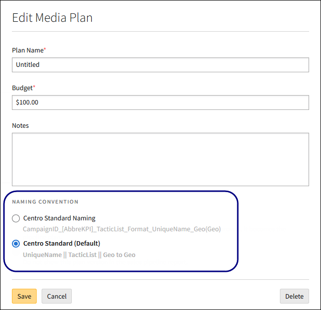 Edit media plan modal with naming convention options highlighted
